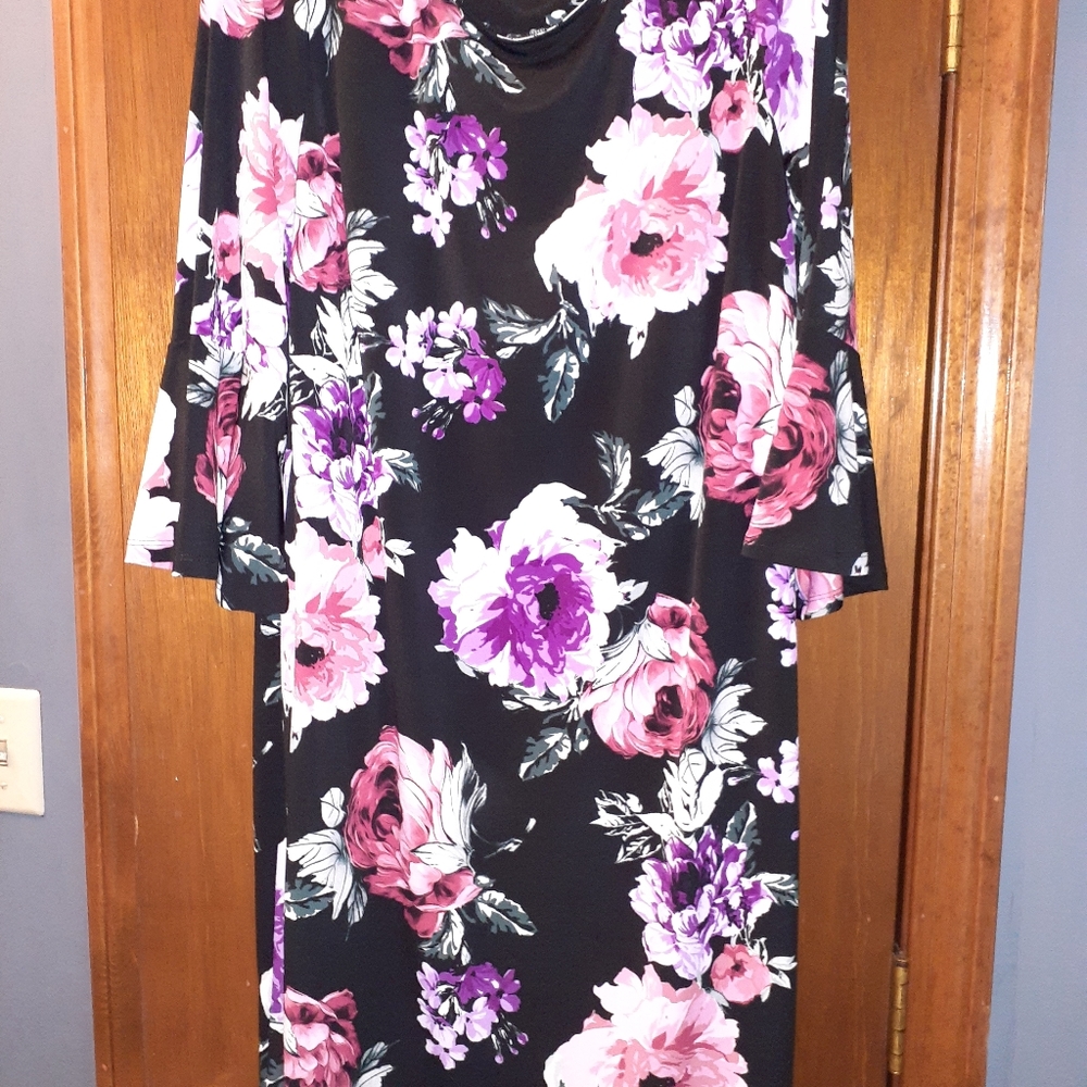 Black dress with pink & purple flowers 3/4 sleeve